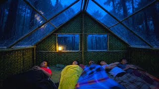 Spending the day and night in a large cabin while it pours, sleeping soundly until morning.