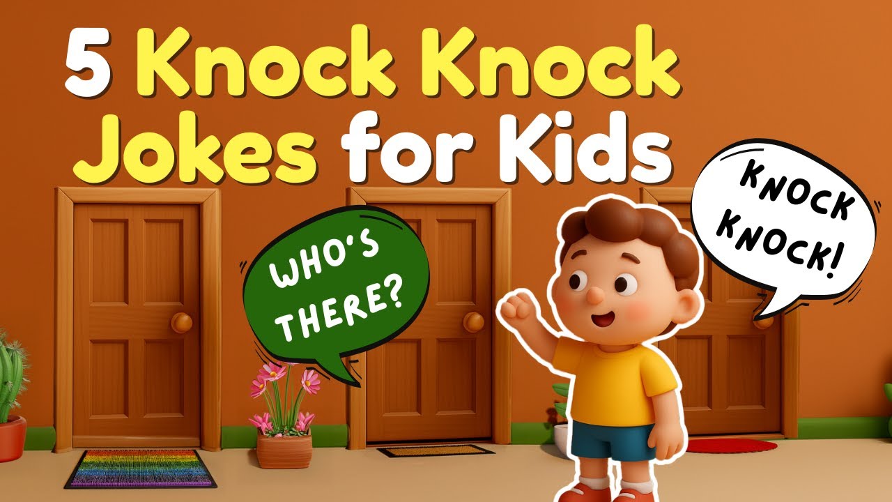 Cartoon knock knock joke with family at the door