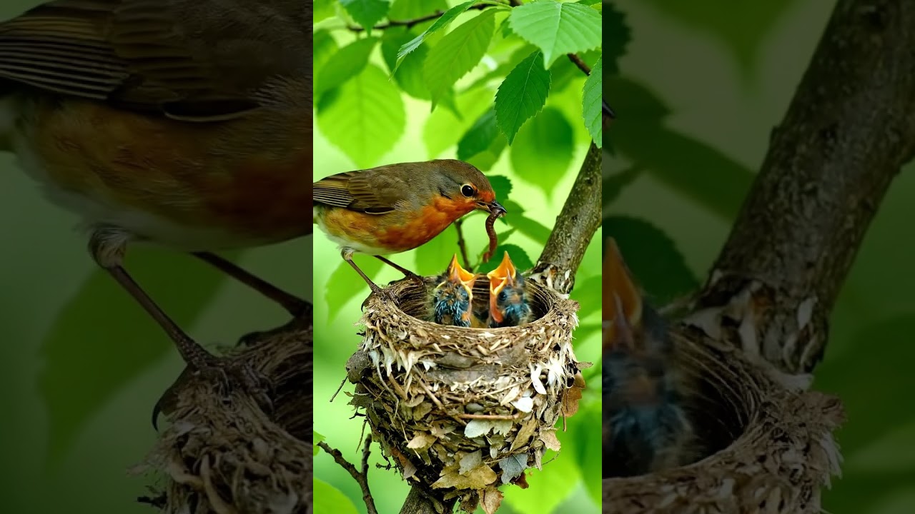 A Mother Bird bringing food to her chicks in the nest 