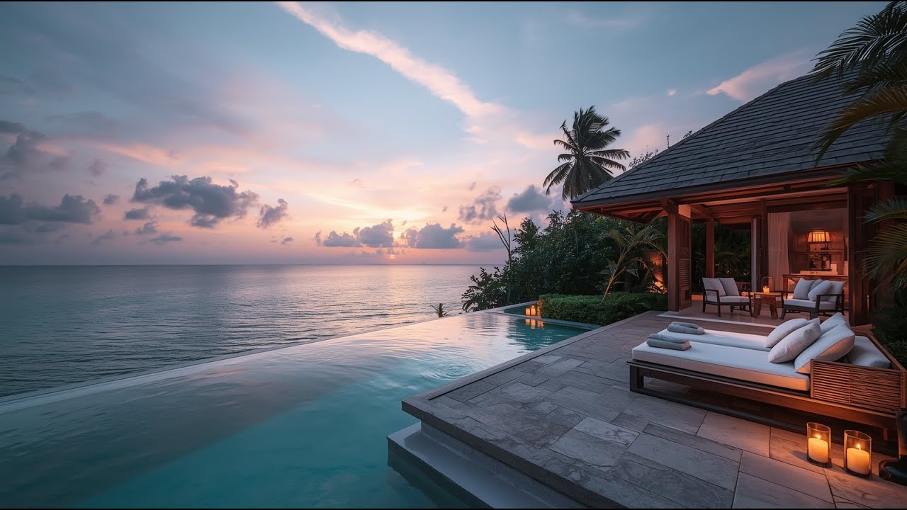 Warm Smooth Jazz ☕ Luxury Tropical Villa Sunset Ambience for Relax, Work & Focus