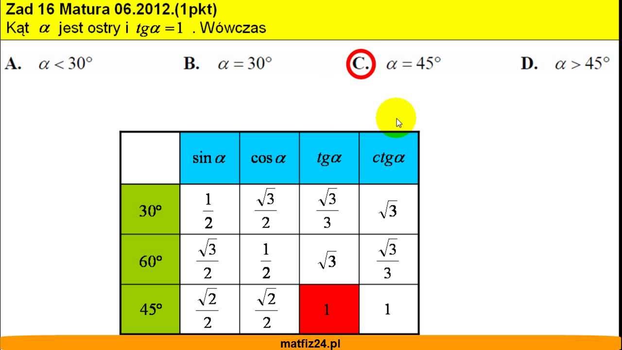 Matura Z Matematyki 06 2012 Zad 16 Sin Cos Tg Ctg 30 45