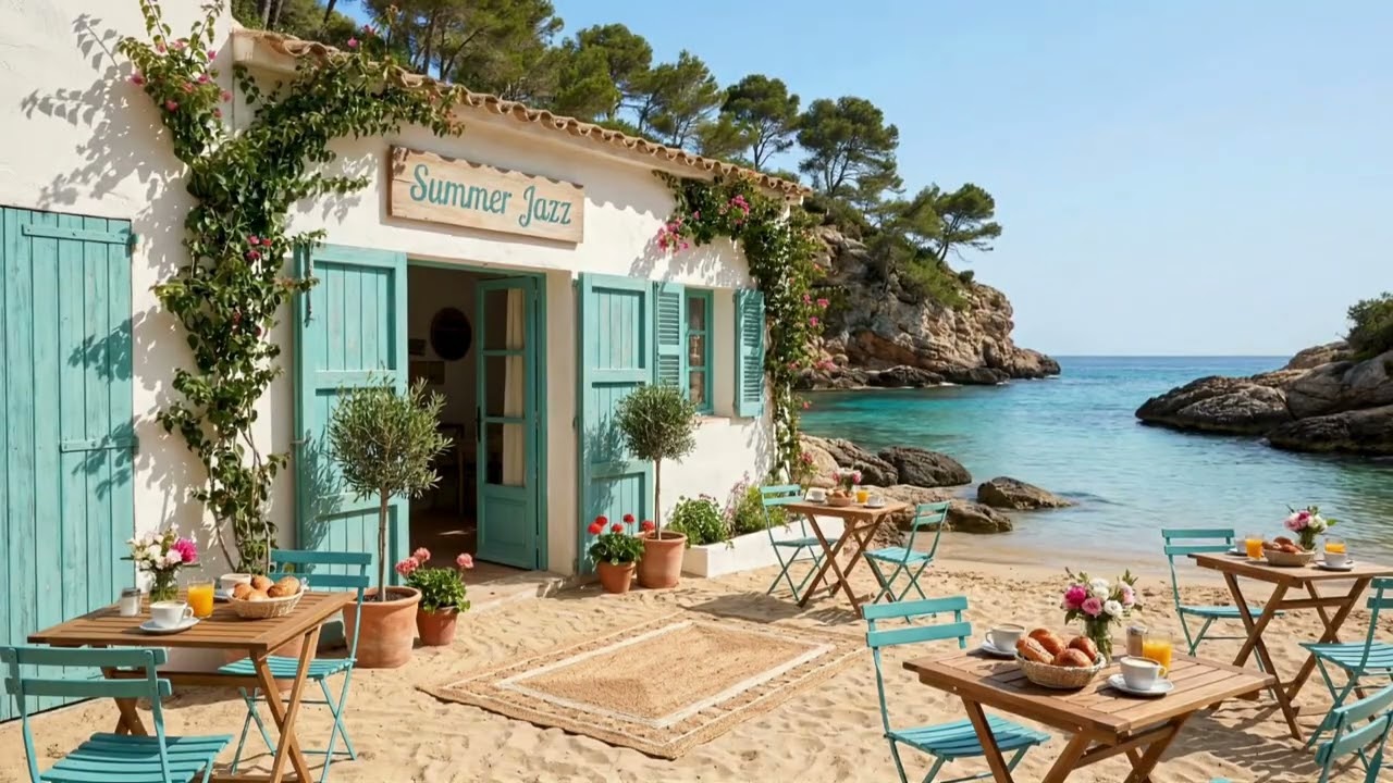4K Mediterranean Seaside Café ☕ Romantic Jazz Lounge | Relaxing Beach Ambience