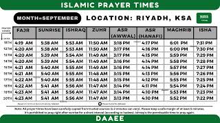 🇸🇦 Riyadh - September : Islamic Prayer Times