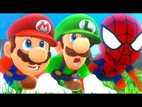 Super Mario Odyssey: Mario vs Luigi vs Spiderman - Full Game Walkthrough (3-Player Splitscreen Race)