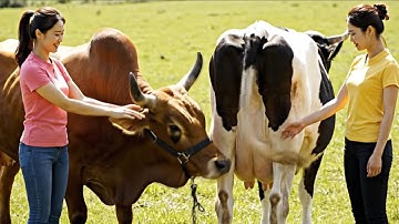 Three women standing and holding a cow