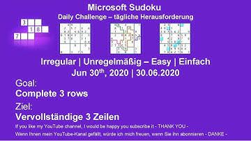 Microsoft Sudoku | Jun 30, 2020 | Irregular - Easy | Complete 3 rows