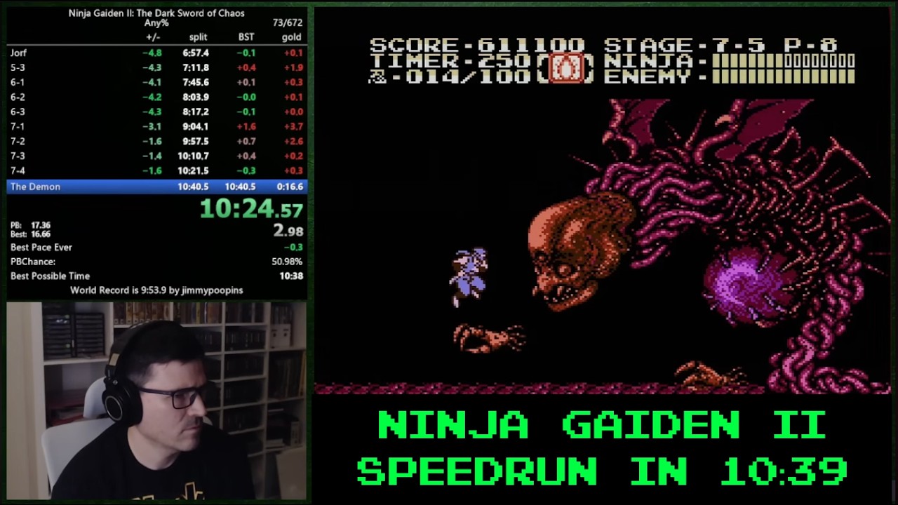 Ninja Gaiden II: The Dark Sword of Chaos any% speedrun in 10:39