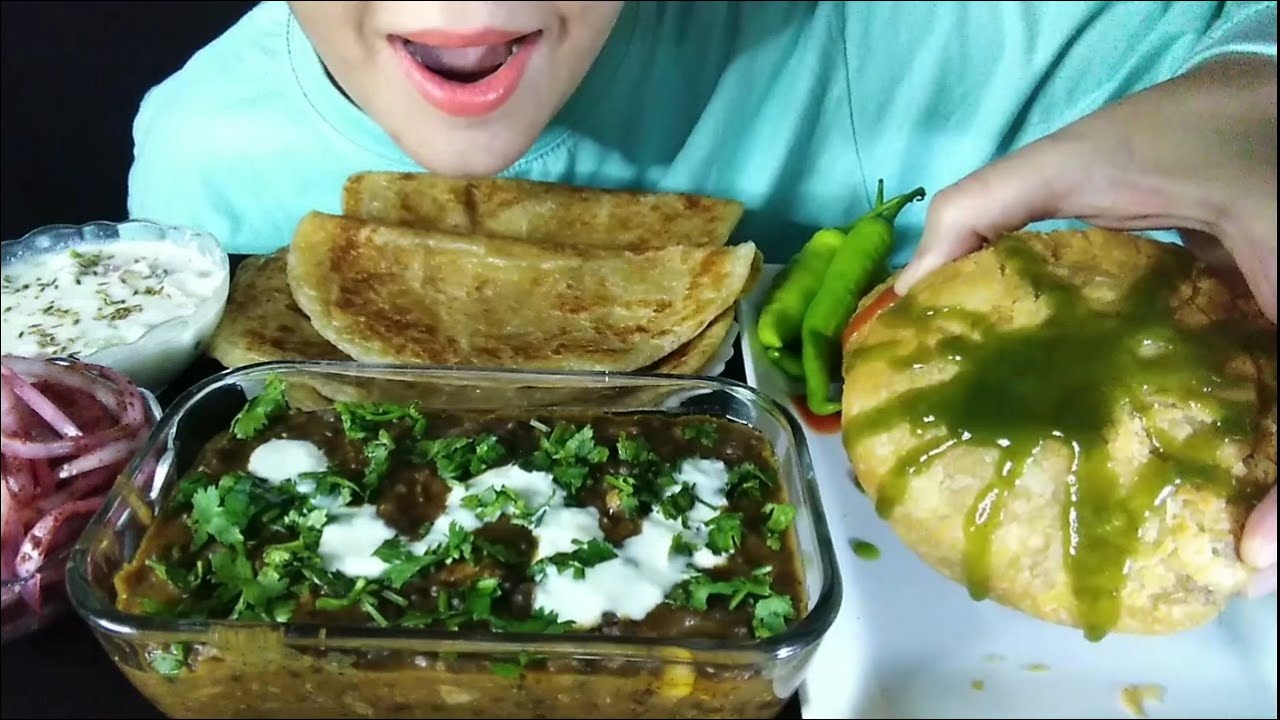 ASMR: Eating Dal Tarka with Paratha+Kachori+Raita+Lacha Onion | Indian Food Eating Show | ERSA ASMR