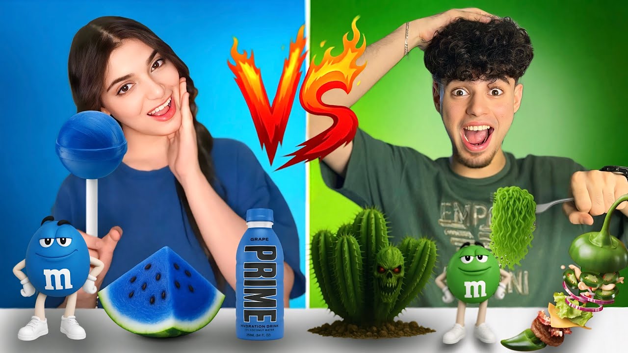 تحدي اكل يوم كامل بنفس لون ملابسنا 🟩🟦 | بطننا وجعتنا 🤮💔