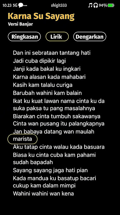 Lirik Karna Su Sayang - Versi Banjar