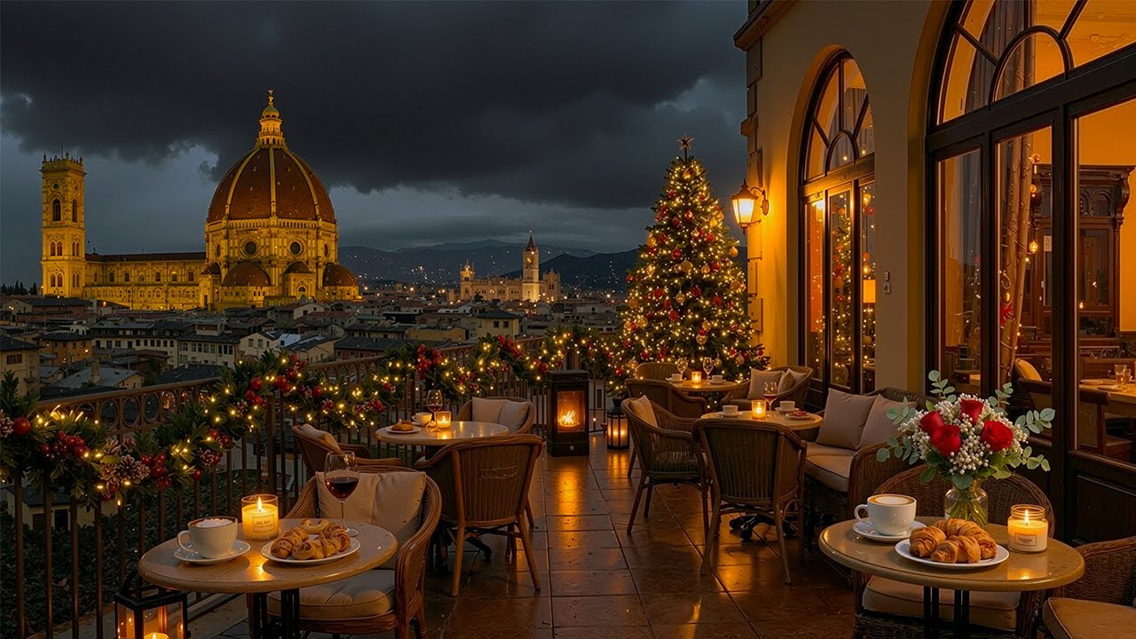 Italy Christmas Jazz Café ☕ Cozy Winter Balcony Café Ambience with Fireplace & Soft Jazz Music Focus