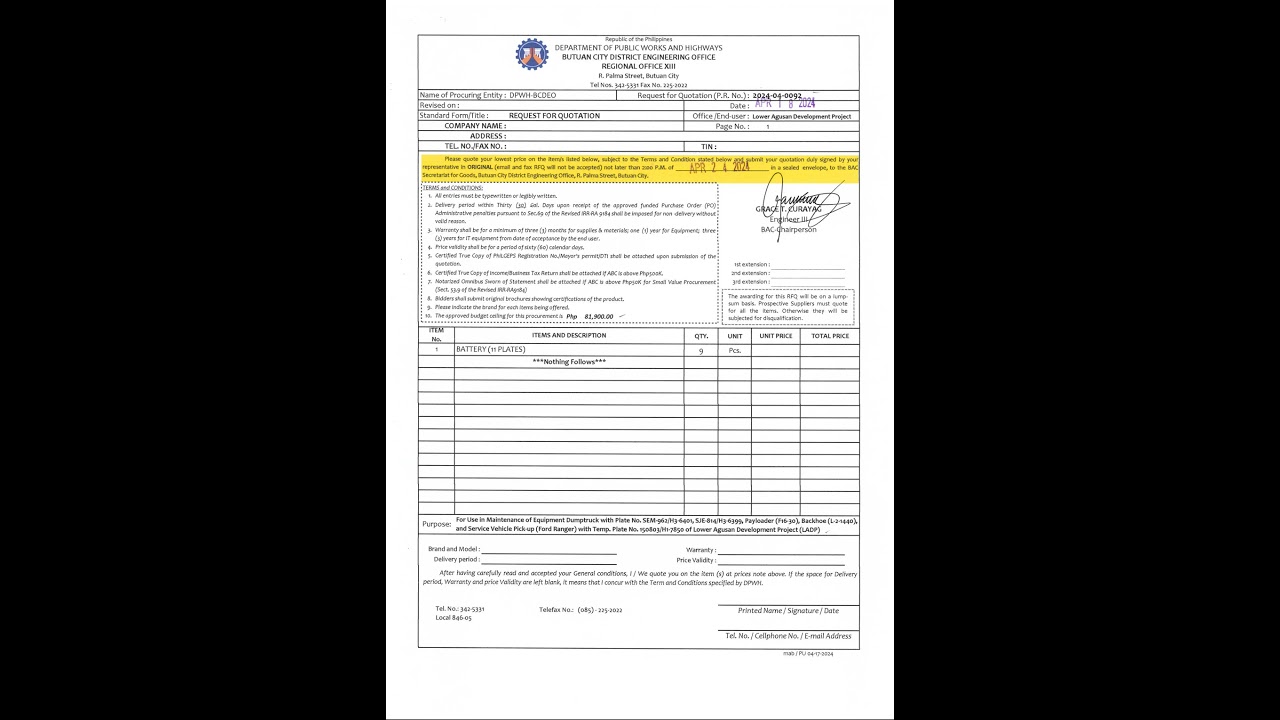 Request for Quotation (RFQ) for Purchase Request (P.R) No. 2024-04-0092 dated April 02, 2024