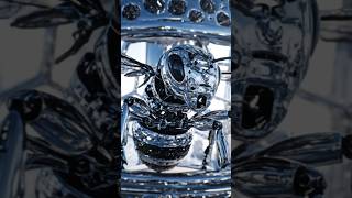 Cybernetic silver metal bee inside a glass honeycomb structure, futuristic robot art, #shorts feed