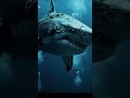 ذكاء اصطناعي تصميم سمكة قرش متحورة بحجم غواصة ثلاثة أضعاف مغطاة بقشرة بحرية تتوهج برموز