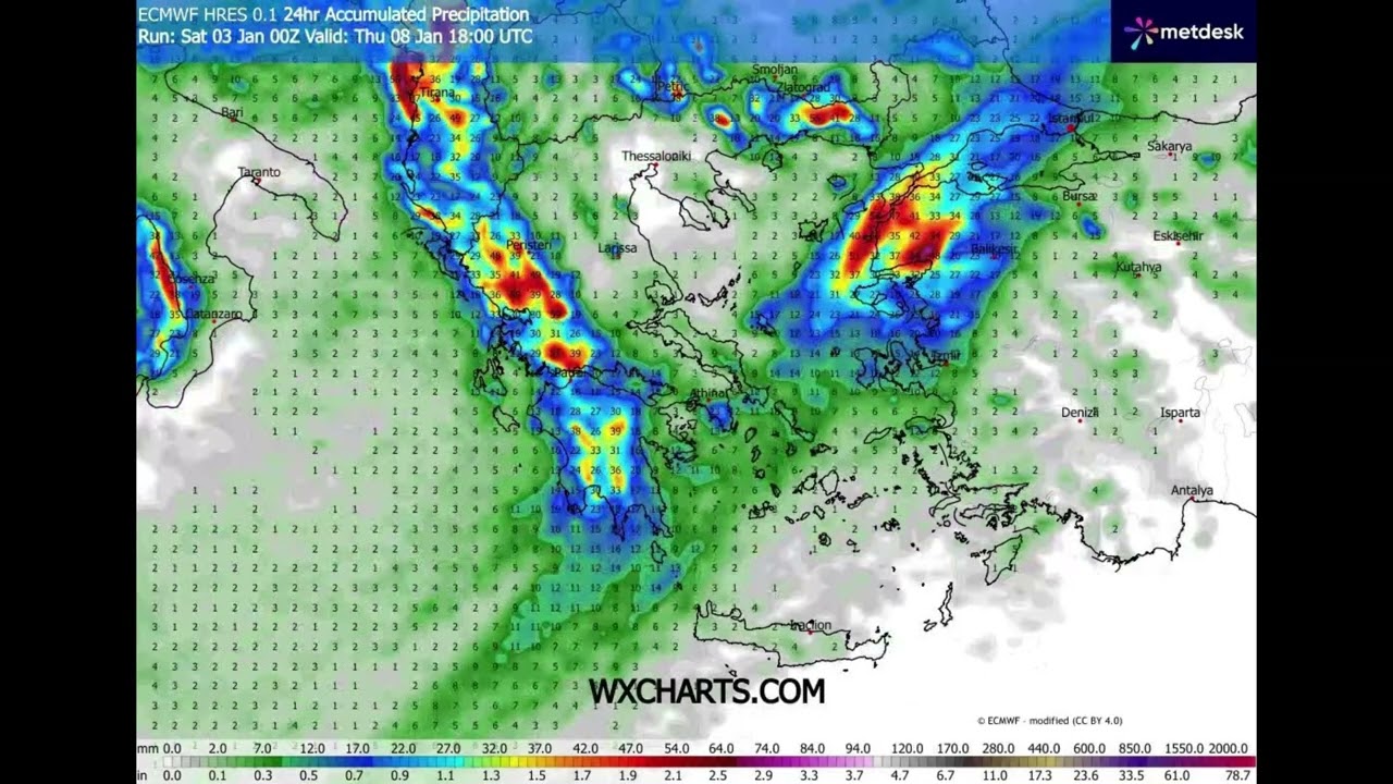 ECMWF HRES – 15ήμερη Πρόγνωση Καιρού για την Ελλάδα | Θερμοκρασία, Βροχή & Χιόνι (WXCharts) 03-01-26