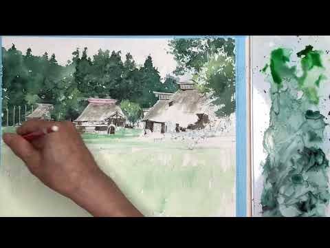 【真作】絵画　水彩　秋の郷愁　茅葺き屋根と彩り豊かな風景画　四季の彩り　V35 真作】絵画 水彩 秋の郷愁 茅葺き屋根と彩り豊かな風景画 四季