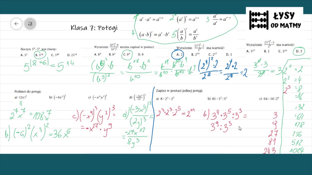 Matematyka - Klasa 7 : potęgi - całość - YouTube