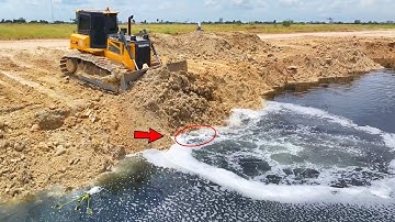 Be Impressive Dozer Skill Driver Pushing Soil Drop Into Water With Team Work Dump Trucks Unloading