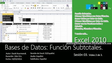 Curso Excel 2010. Bases de Datos: Función Subtotales. Sesión 03. Vídeo 2 de 2. David Asurmendi.