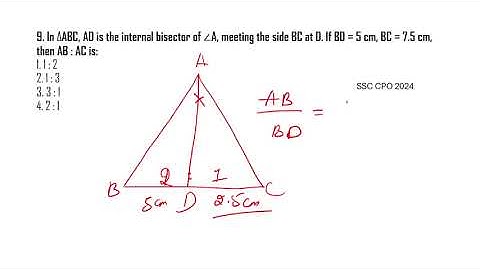 In ΔABC, AD is the internal bisector of ∠A, meeting the side BC at D  If BD = 5 cm, BC = 7 .5 cm,