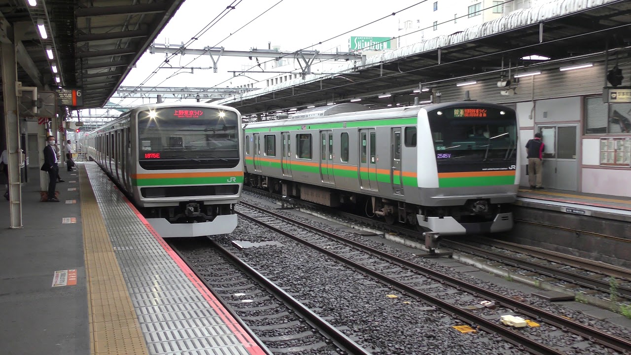 高崎線E231系と宇都宮線E233系が完全並走で大宮に到着シーン - YouTube