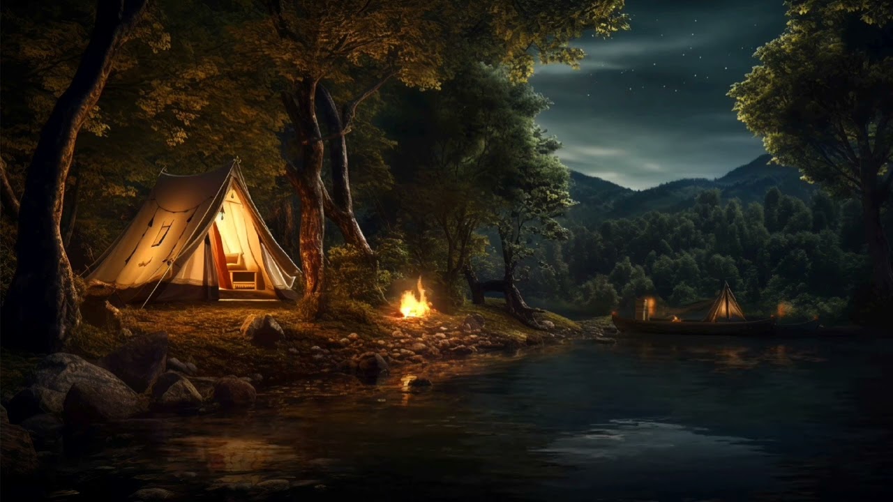 Camping by the Lake & Crackling Fire. Nature Sounds Background Video to Relax, Study, Sleep & Chill