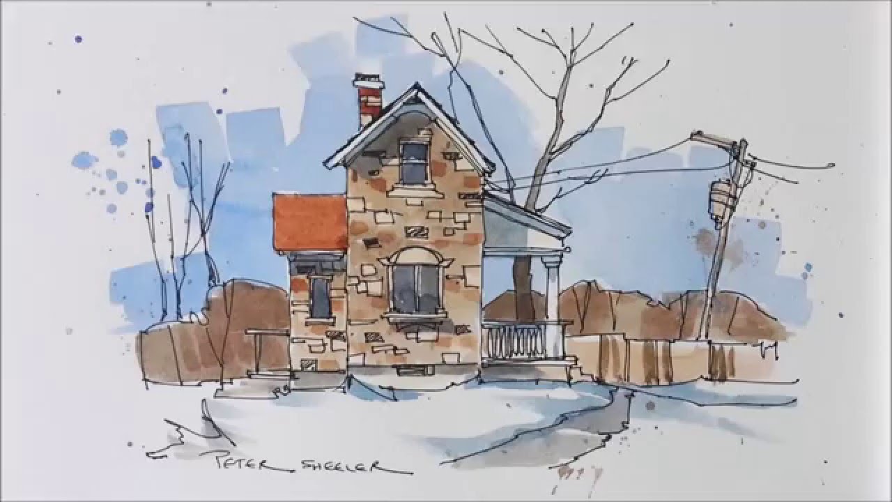 Line and wash demonstration of a Stone Farmhouse watercolor. Easy to