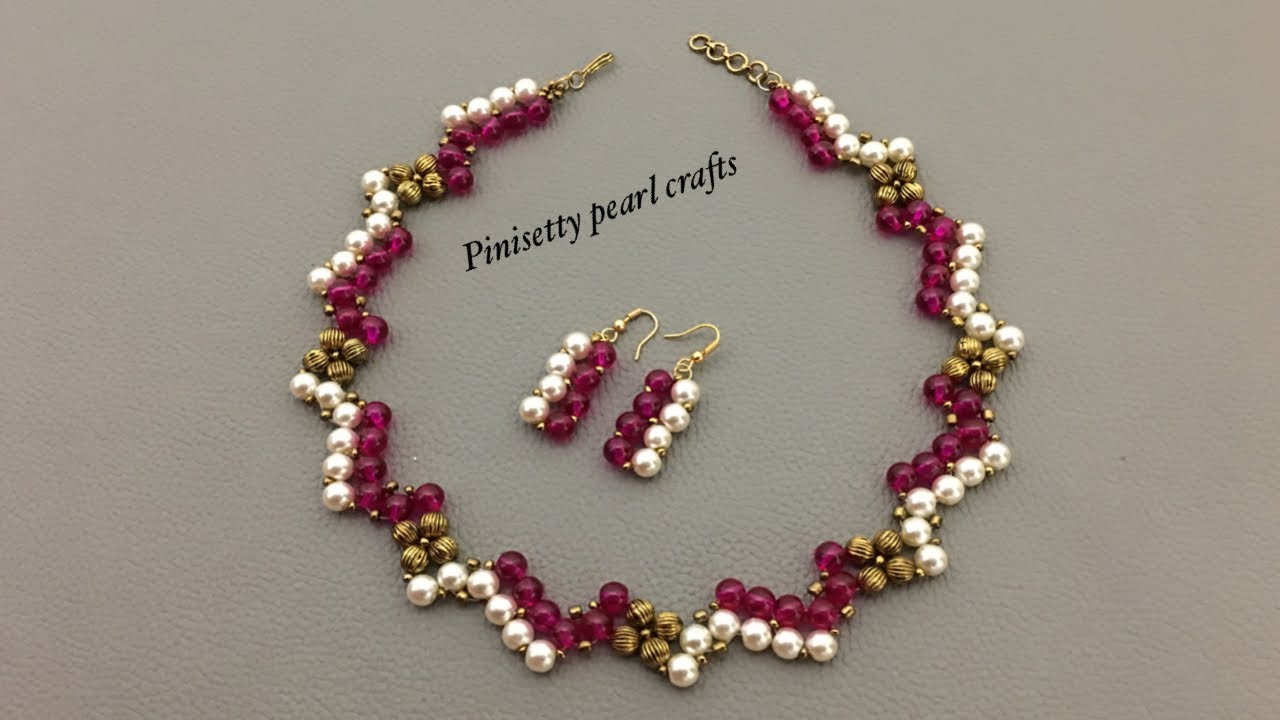 beaded pearl necklace making/crystal necklace with earrings tutorial/beaded jewelry making