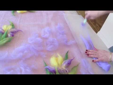 Валяние палантина с ирисами. Цветы из шерсти на шелке. Making wool flowers - tippet felting.