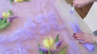 Валяние палантина с ирисами. Цветы из шерсти на шелке. Making wool flowers - tippet felting.