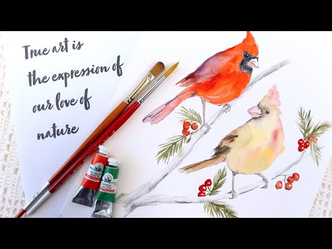 How to Paint a Pair of Red Cardinal Birds in Watercolor - Easy Step by Step Christmas Card Tutorial