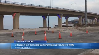 Virginia Beach's Lesner Bridge lighting up in yellow and blue in support of Ukraine