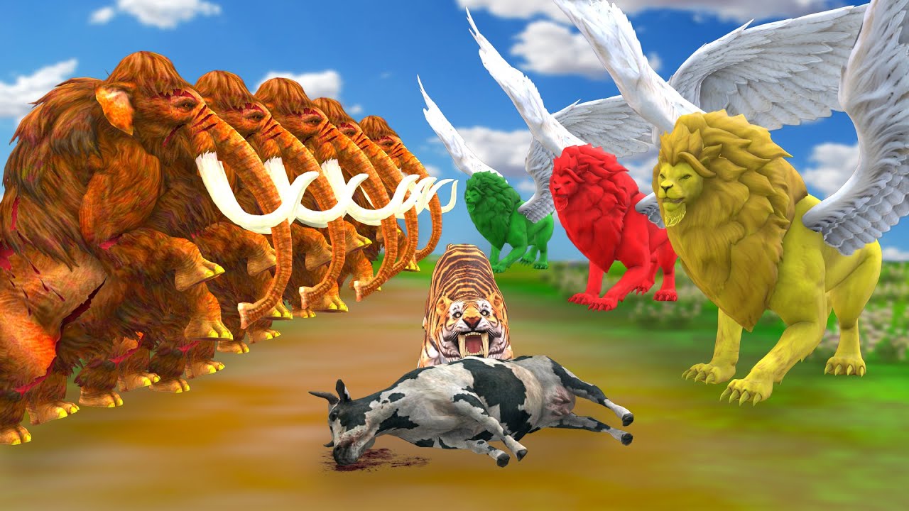 3 Giant Tiger Flying Lion VS 5Mammoth Elephant Cow Fight Zombie Bull Buffalo Saved by Woolly Mammoth