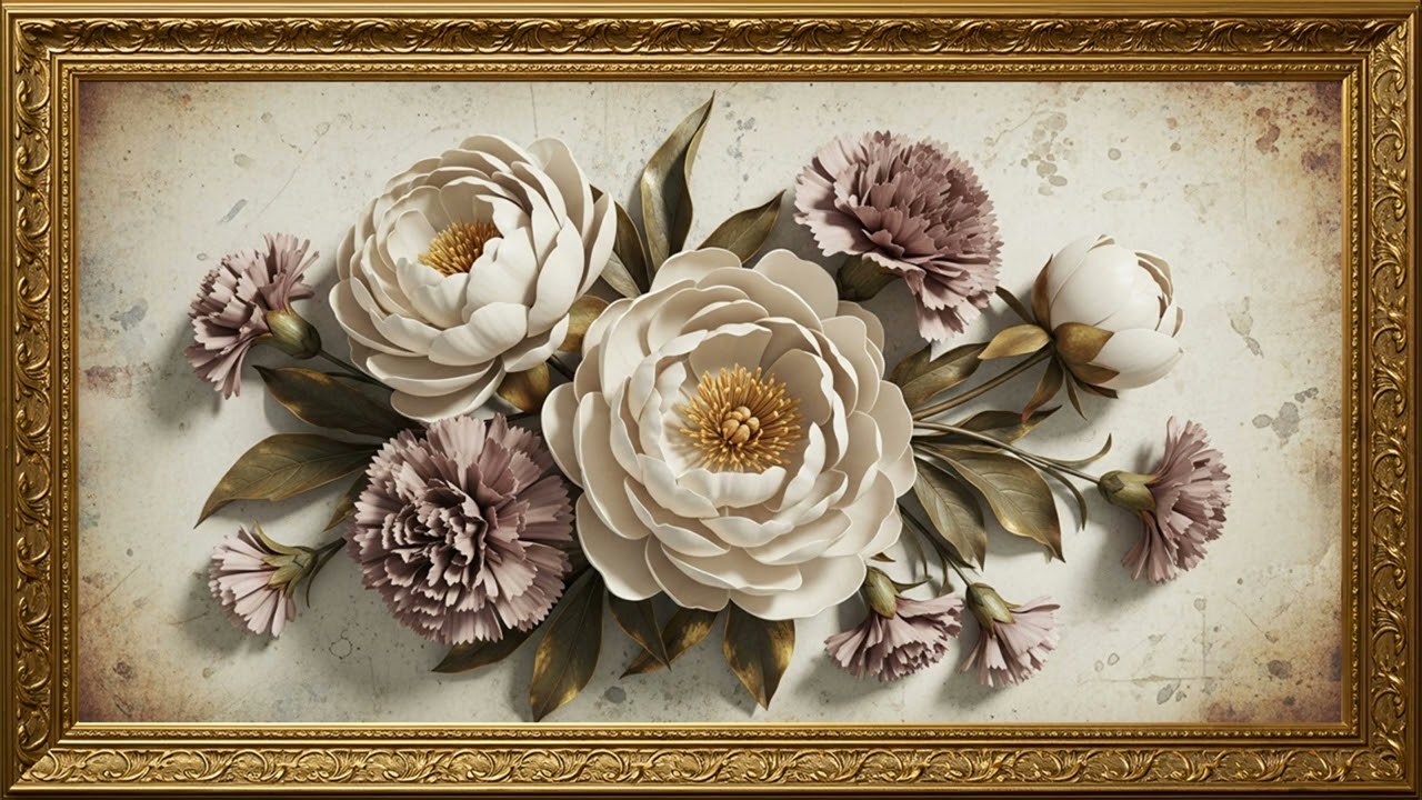 Vintage 3D Floral Painting | Magnolias & Tulips | Elegant TV Wallpaper | Pure Frame Art