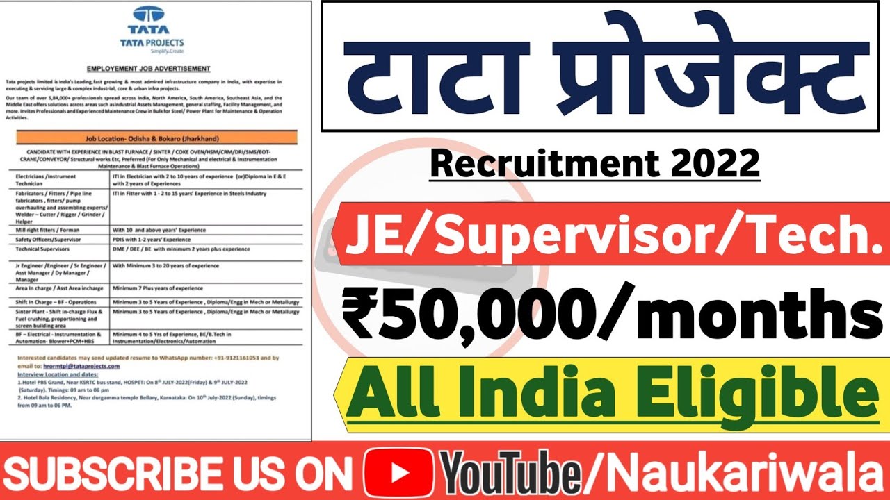 Tata Project Recruitment 2022 | Fresher | All Branches | Permanent Job ...
