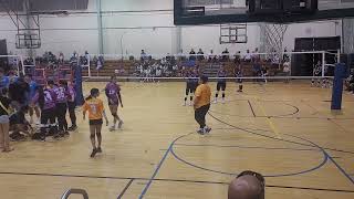 Kids play volleyball in school gym then boy trips on separation net and falls on back of head