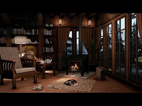 Cozy Cabin Library Ambience with Fireplace and Rain Sounds for Relaxation, Sleep and Study