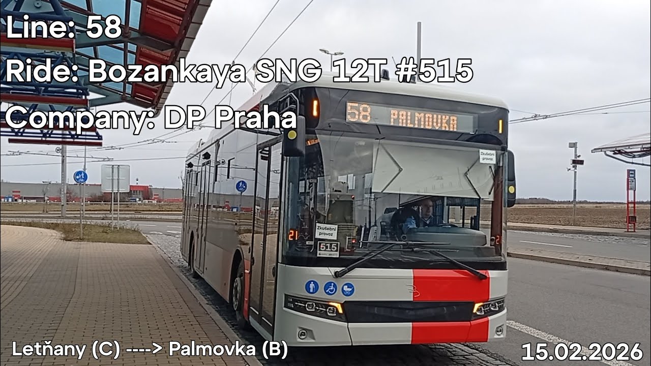 Line: 58 Ride: Bozankaya SNG 12T #515 Company: DP Praha to Palmovka (B)