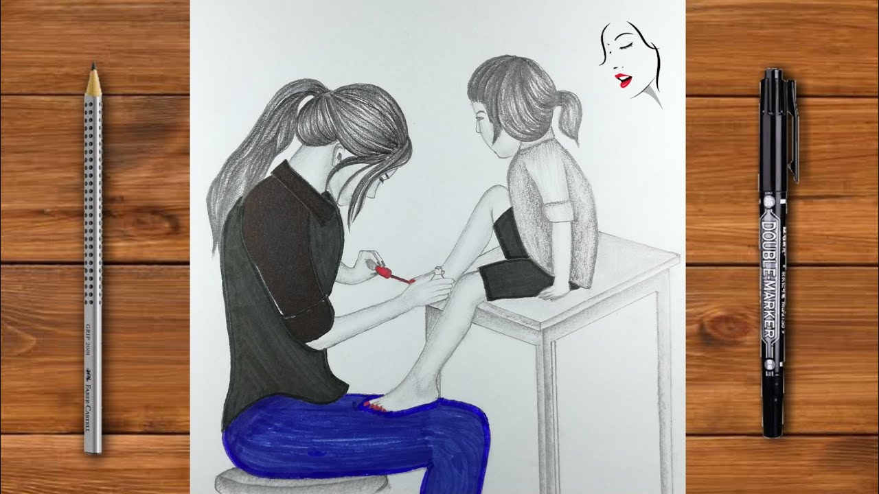 "How to draw Mother and Daughter" | Beautiful girl Drawings for