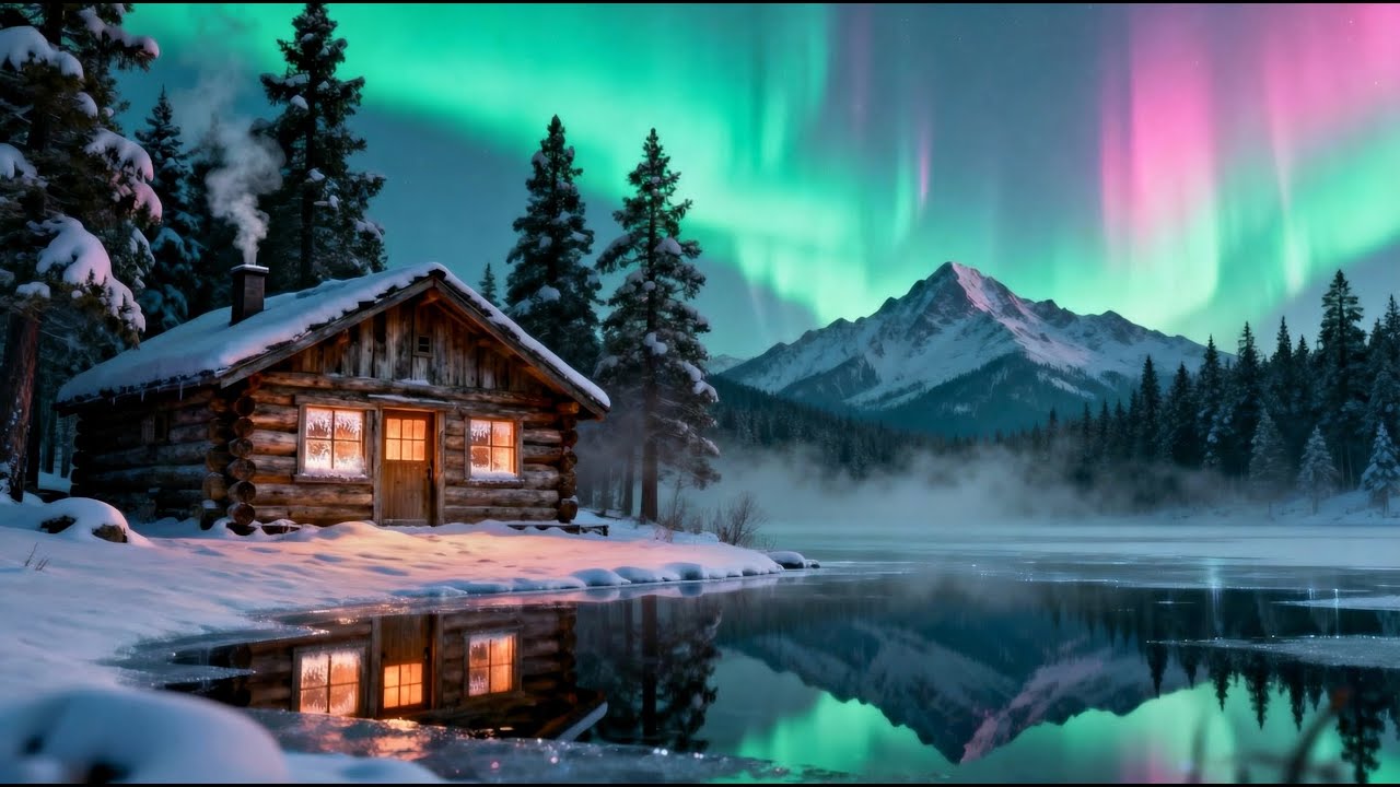 Cozy Winter Cabin Ambience ❄️ Northern Lights & Relaxing Music (4H)