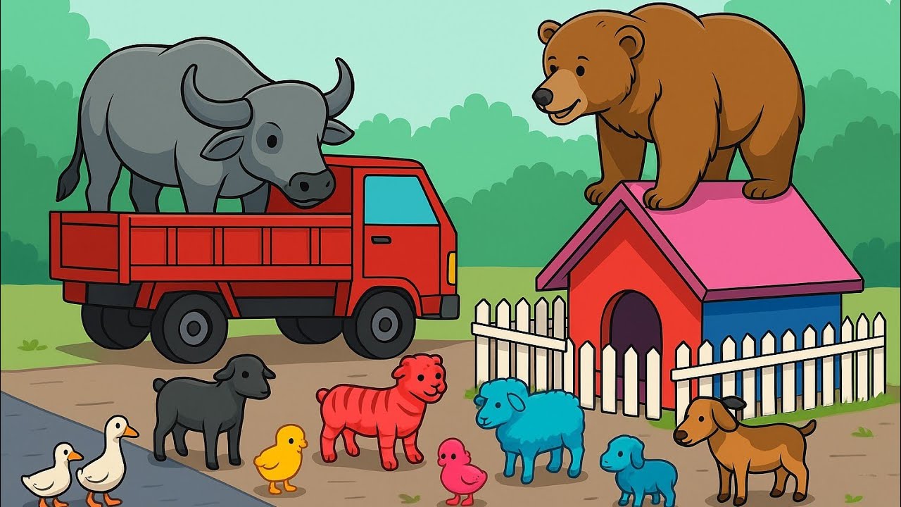 Colorful Animals Farm | Truck Brings Buffalo, Bear & Cute Animals | Kids Learning Video