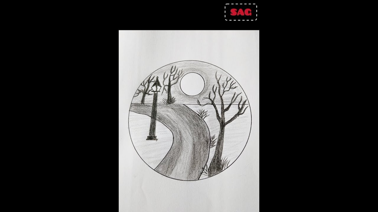 Easy circle scenery drawing tutorial. How to draw circle picture step ...