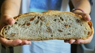 Hogaza de pan SIN AMASADO con nueces y pasas. Receta muy fácil