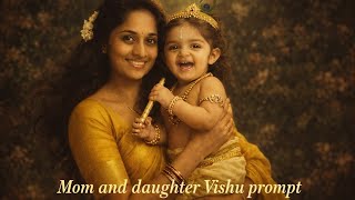 Mom & Daughter Vishu Special 🌼 | Krishna Baby Vintage Portrait 💛 | AI Prompt screenshot 1