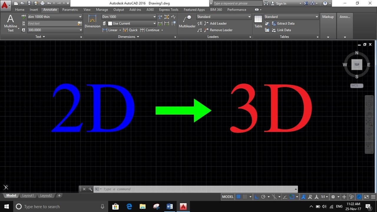 How do I change from 2D to 3D in AutoCAD?