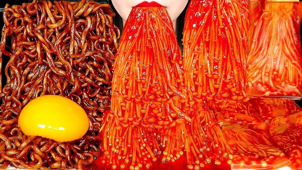 ASMR SPICY ENOKI MUSHROOMS TRUFFLE BLACK BEAN NOODLES MUKBANG EATING SOUNDS 