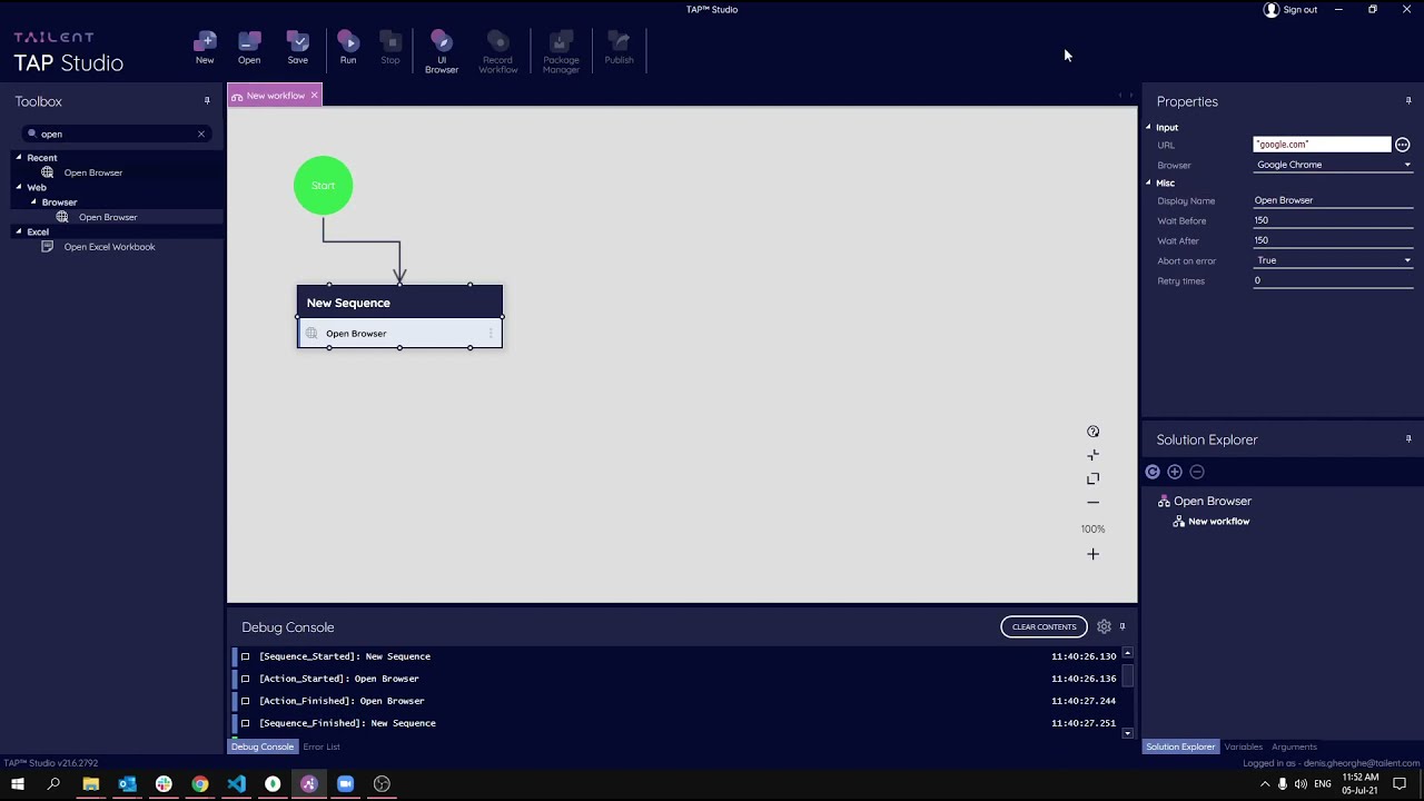 Open Browser activity in TAP Studio | Tailent Automation Platform