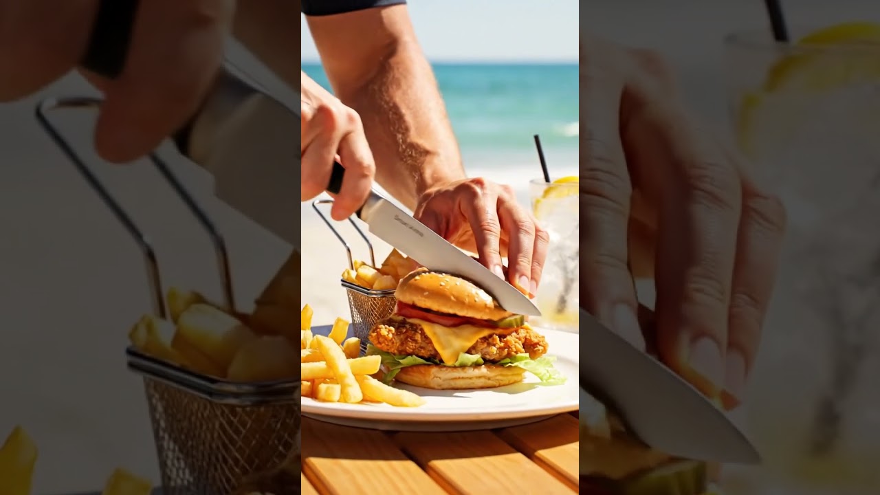 🍔🐔 Куриный бургер «Флорида Бичсайд» ASMR 🌊 | Нарезка и вытягивание сыра с помощью умного ножа