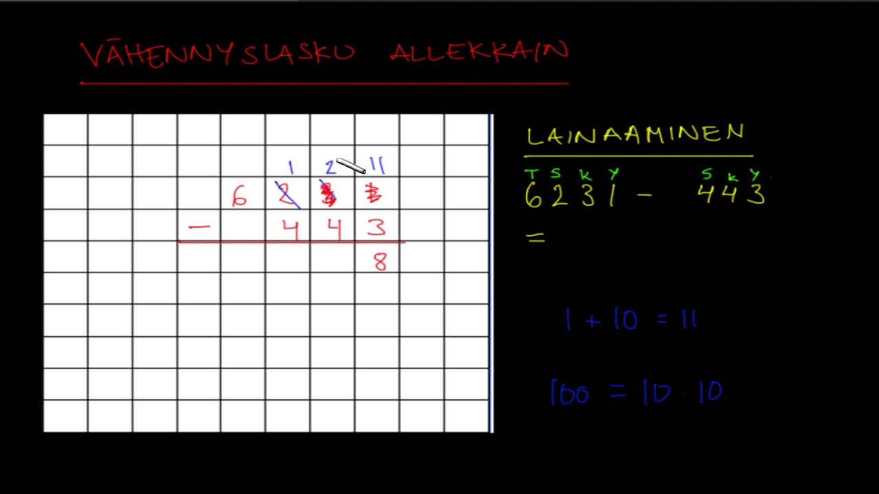 Vähennyslasku allekkain, kun pitää lainata