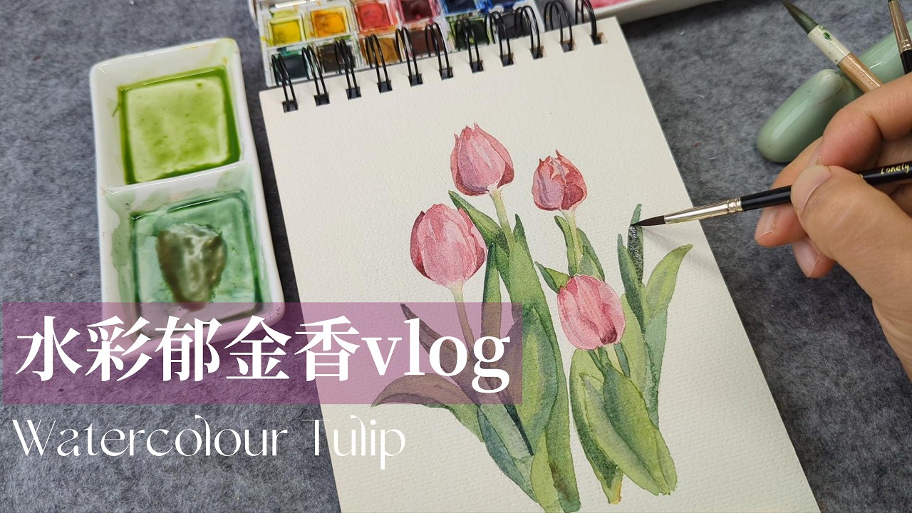 晨起练字 午后画画vlog 郁金香的季节终于来啦 Self-taught calligraphy, watercolour tulip ...